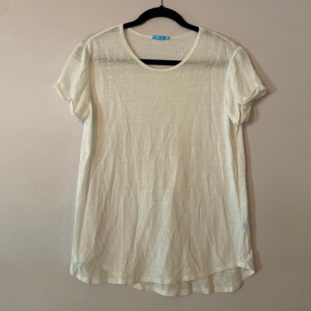 J. McLaughlin White Crewneck Short Sleeve Tee Linen Minimalist Women size Medium